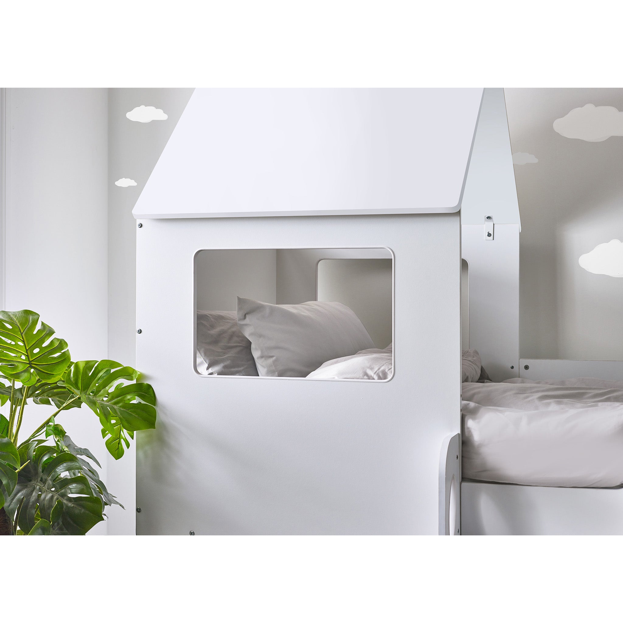 House Style Midsleeper Bed with Storage in White